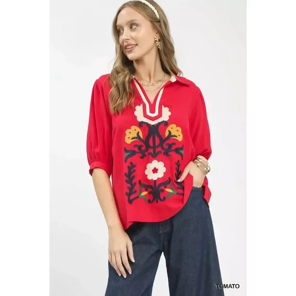 Umgee Mixed Media V-Neck Print Blouse - Picture 1 of 4